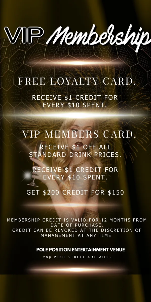 Pole Position VIP membership flyer — free loyalty card and VIP members card